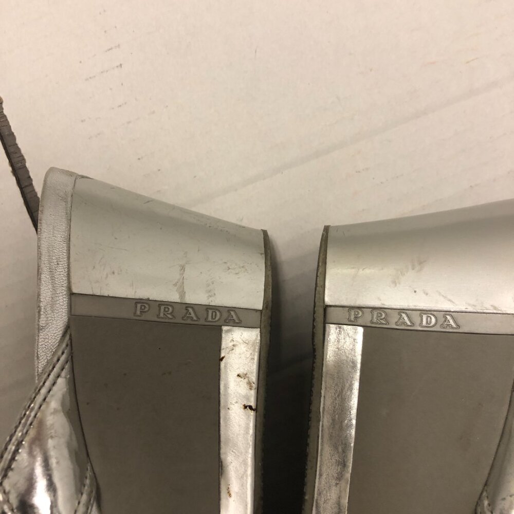 Prada silver platform wedge T-strap open toe leat… - image 7